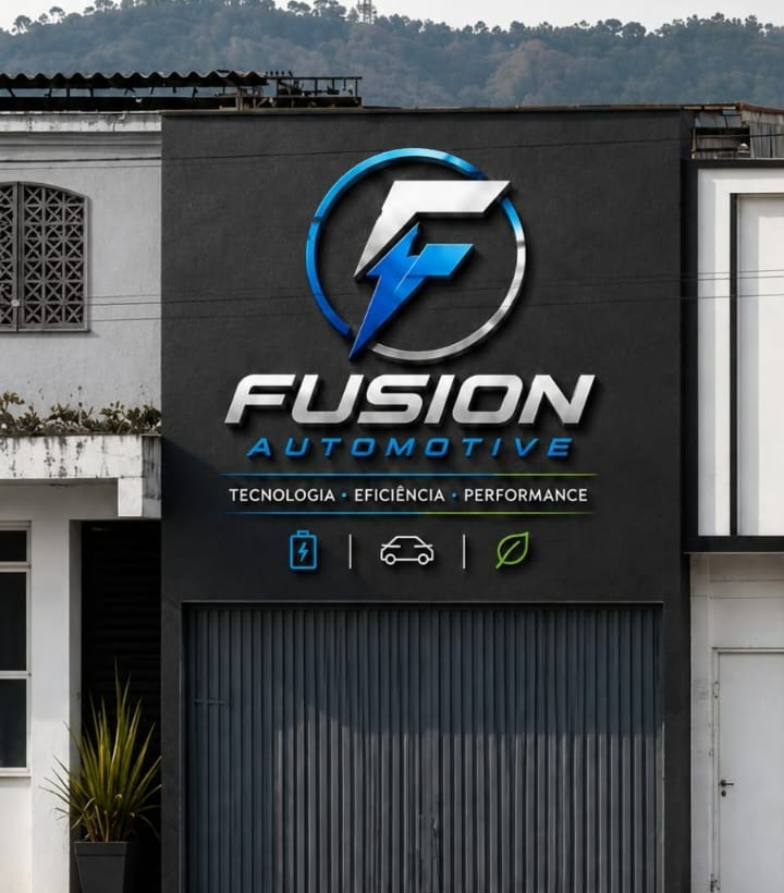 Fachada da Fusion Automotive na Rodovia Amaral Peixoto, com o letreiro iluminado sobre o portão